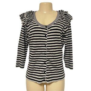 MOSCA Black Greige Cardigan Tiered Layered Ruffle Shoulder Striped 3/4‎ Sleeve